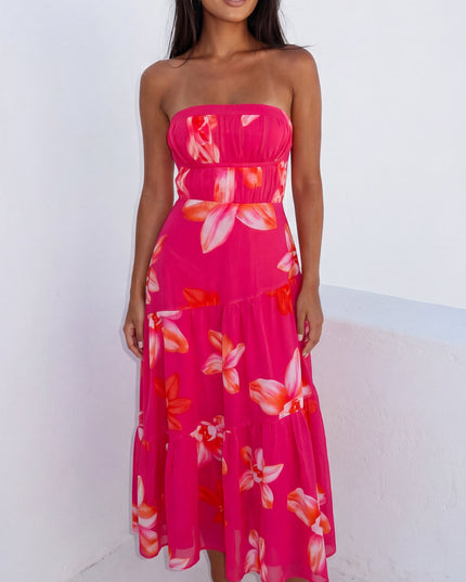 Pink Floral Print Midi Dress