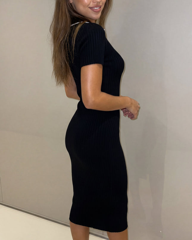 Black Contrast Ribbed Midi Dress