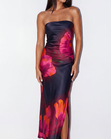 Black Multi Floral Strapless Maxi Dress