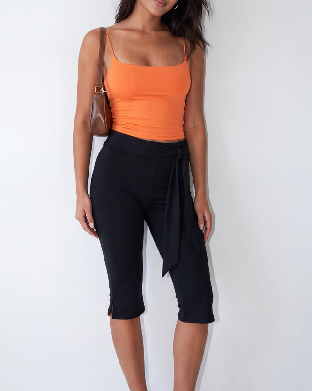 Black Side Tie Capri Leggings