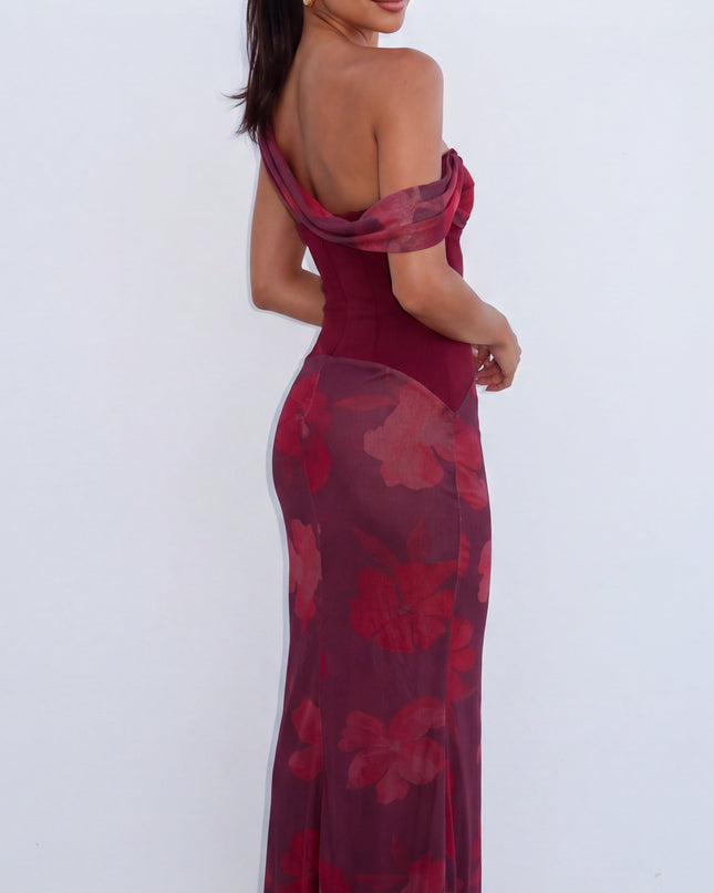 Burgundy Floral One Shoulder Maxi Dress