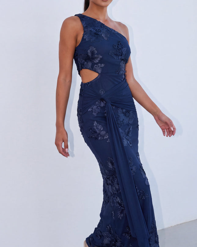 Navy Blue Embroidered Cutout Maxi Dress