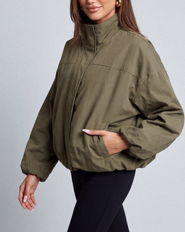 Olive Green Funnel Neck Balloon Jacket