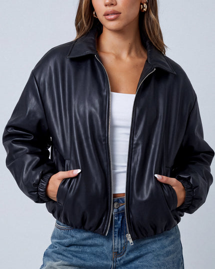 Black Faux Leather Puffer Bomber Jacket