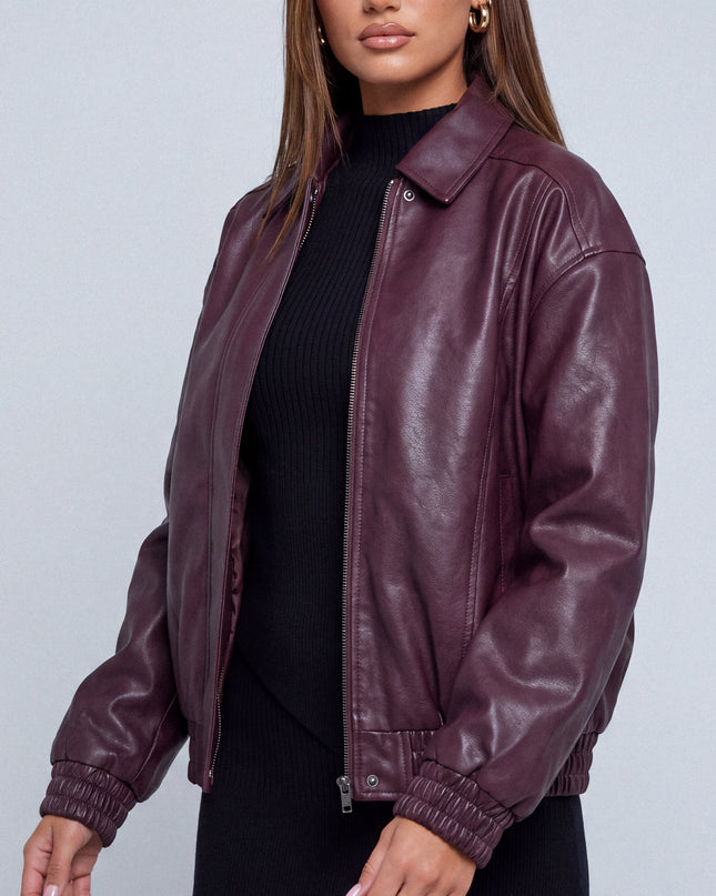 Burgundy Faux Leather Bomber Jacket