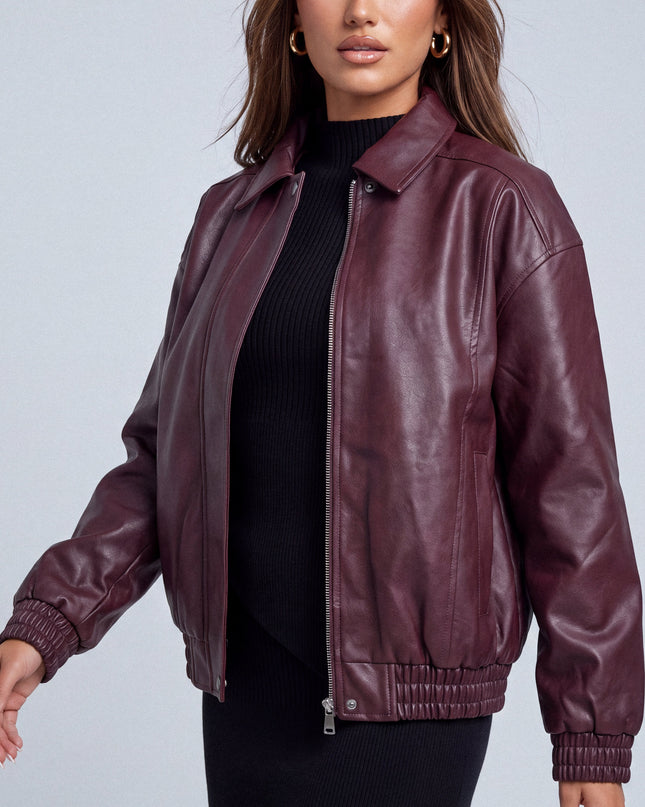 Burgundy Faux Leather Bomber Jacket