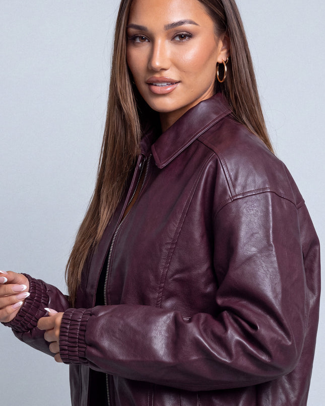 Burgundy Faux Leather Bomber Jacket