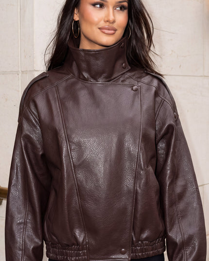 Brown Faux Leather Moto Bomber Jacket