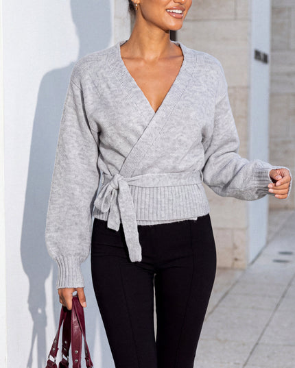 Gray Wrap Tie Knit Sweater