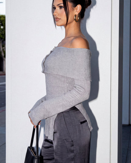 Gray Off Shoulder Ribbed Knit Sweater Top