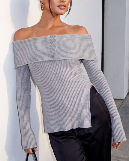 Gray Off Shoulder Ribbed Knit Sweater Top