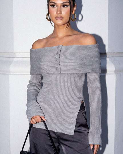 Gray Off Shoulder Ribbed Knit Sweater Top
