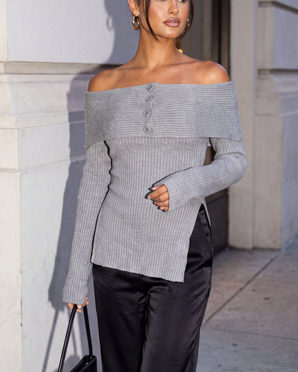 Gray Off Shoulder Ribbed Knit Sweater Top