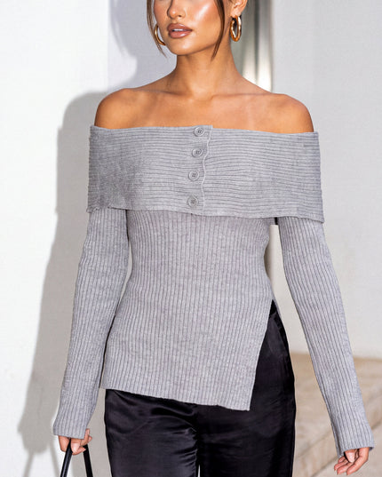 Gray Off Shoulder Ribbed Knit Sweater Top