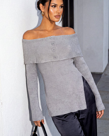 Gray Off Shoulder Ribbed Knit Sweater Top