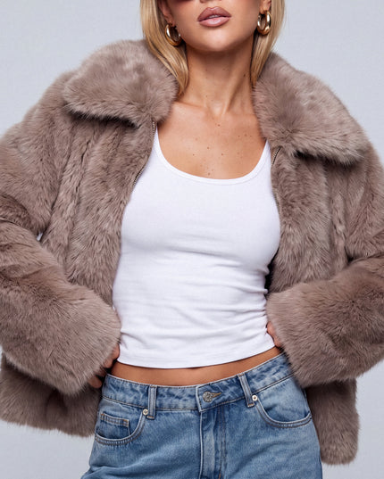Beige Faux Fur Zip Jacket