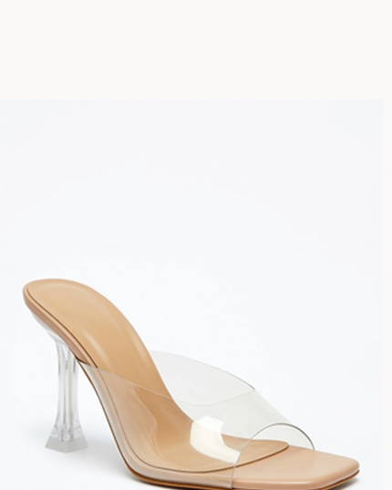 Beige Clear Strap Mule Heels