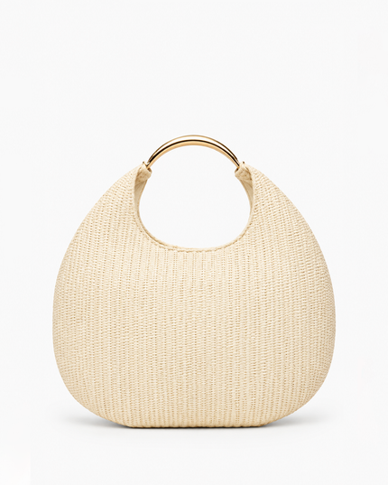 Beige Faux Straw Metal Handle Hobo bag