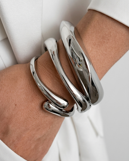 Silver Chunky Metal Bangle Bracelet Set