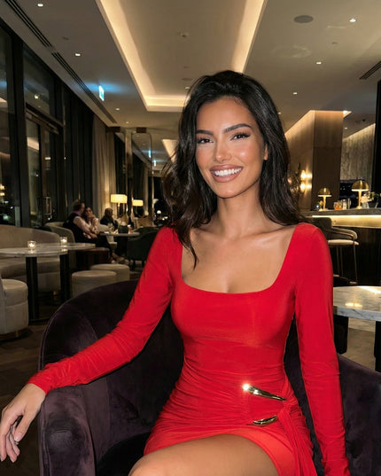 Red Square Neck Draped Mini Dress