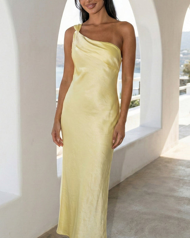 Butter Yellow One Shoulder Satin Maxi Dress
