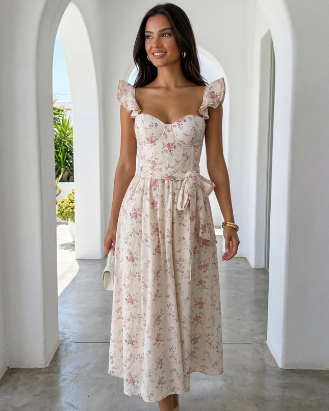 Ivory Floral Corset Flutter Midi Dress
