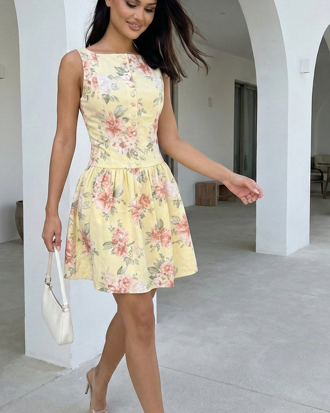 Yellow Floral Print Mini Dress