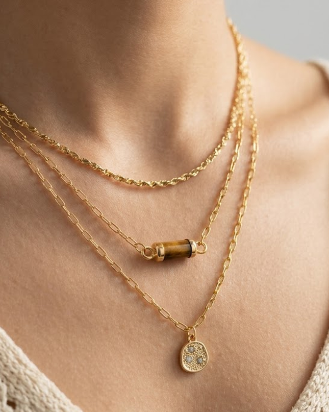 Gold Triple Layer Gold Stone Pendant Necklace