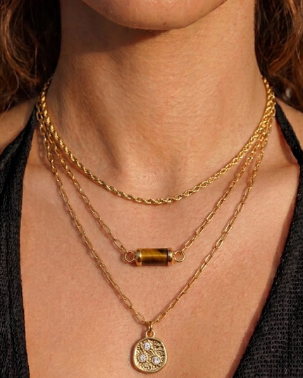 Gold Triple Layer Gold Stone Pendant Necklace