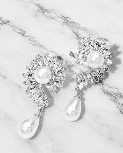 Silver Pearl Marquise Stone Around Evening Clip On Earrings