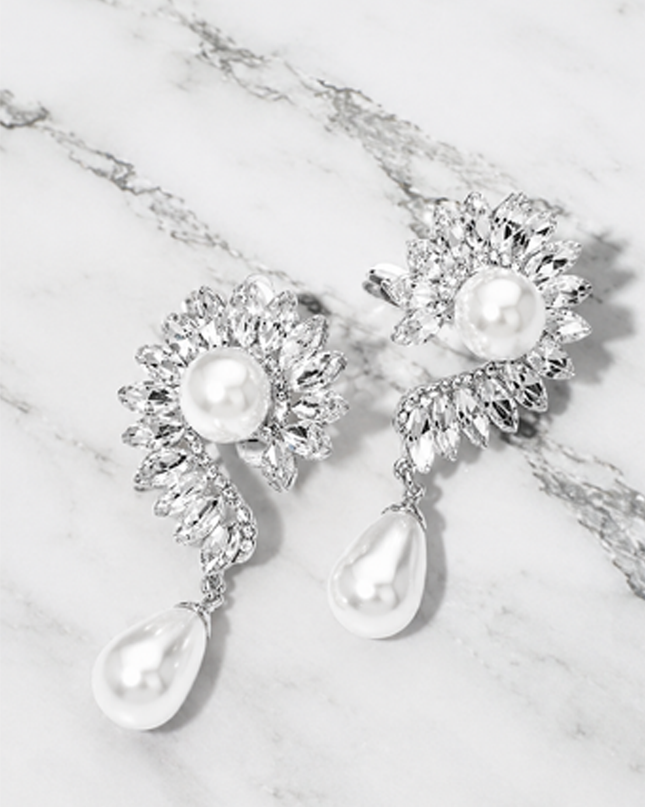 Silver Pearl Marquise Stone Around Evening Clip On Earrings