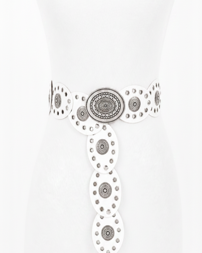 White Faux Leather Oval Vintage Belt