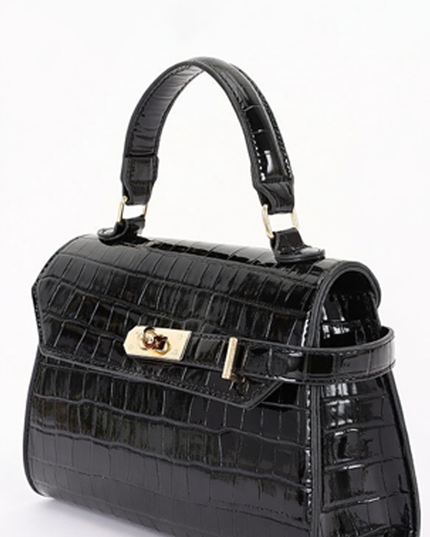 Black Faux Croc Top Handle Crossbody Bag