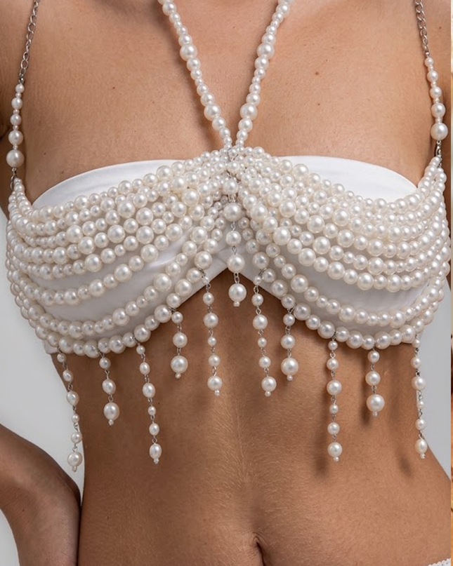 White Pearl Fringe Statement Body Chain