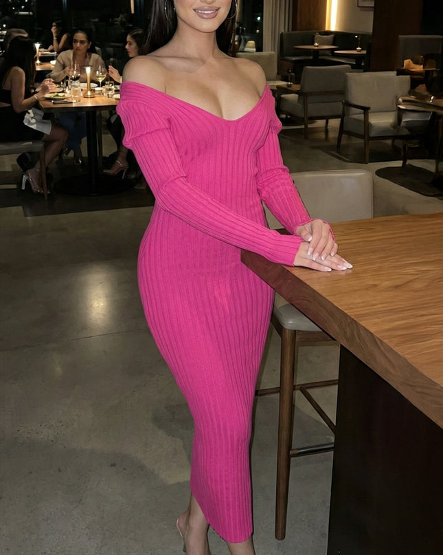 Pink Off Shoulder Ribbed Midi Dress