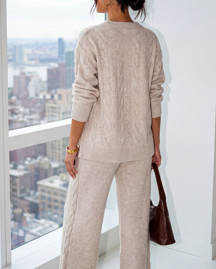 Light Beige Oversized Knit Sweater & Wide Leg Pant Set