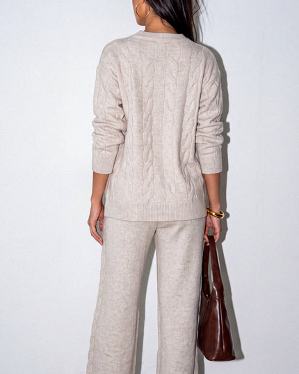 Light Beige Oversized Knit Sweater & Wide Leg Pant Set