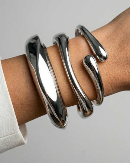 Silver Chunky Metal Bangle Bracelet Set
