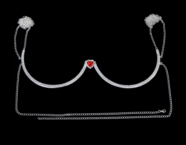 Silver Red Heart Crystal Bra Chain