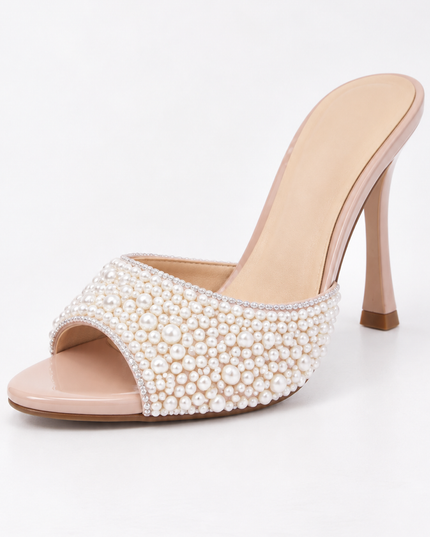 Nude Crystal Pearl Embellished Heel Mules
