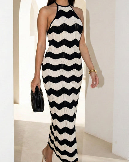 Cream Beige Knit Halter Maxi Dress