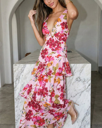 Floral Pink Floral Ruffled Maxi Dress