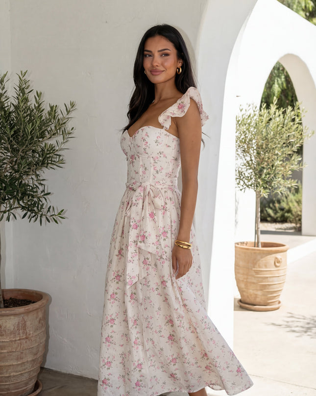 Ivory Floral Corset Flutter Midi Dress