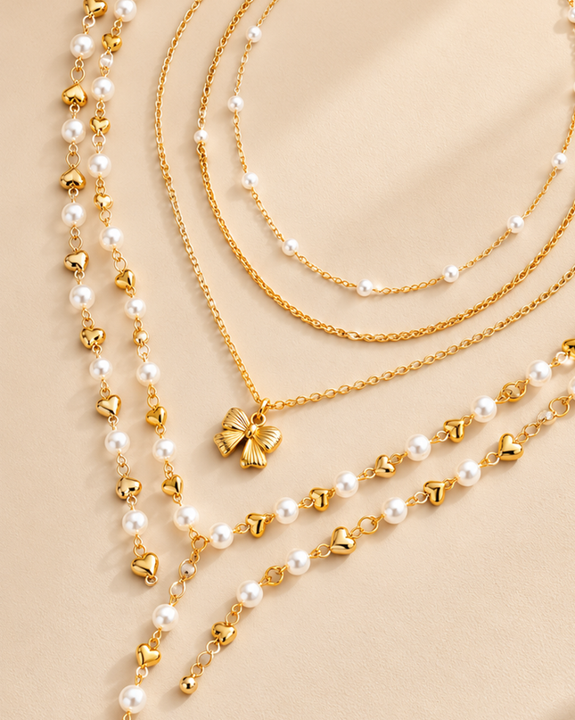 Gold Pearl Heart Lariat Necklace